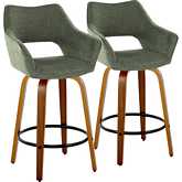 Mustang 26" Swivel Counter Stool in Walnut Wood & Green Fabric with Black Footrest (Set of 2)